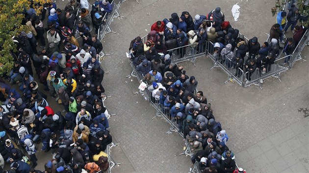 Uprchlci se ad do fronty ped berlnskm adem pro zdravotn a sociln zleitosti (7. jna 2015).