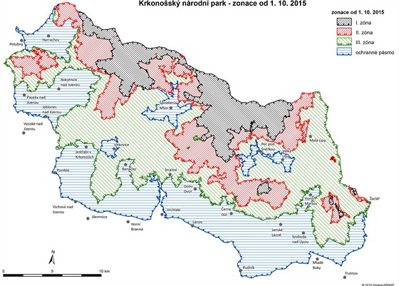 Mapa chránných zón v Krkonoském národním parku od 1. íjna 2015.