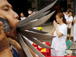 A devotee of the Chinese Bang Neow shrine with knives pierced through his...