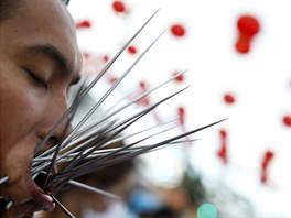A devotee of the Chinese Bang Neow shrine with spikes pierced in his cheeks,...