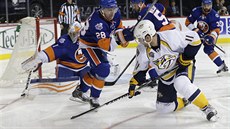 Marek Židlický (s číslem 28) z New York Islanders čistí prostor před svým... Marek Židlický (s číslem 28) z New York Islanders čistí prostor před svým...
