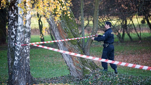 Kriminalist ohledvaj msto nlezu mrtvoly eny v budjovickm lesoparku Stromovka.