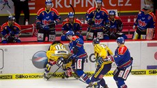 Souboj u mantinelu v duelu Budějovice (modrá) vs Šumperk. Souboj u mantinelu v duelu Budějovice (modrá) vs Šumperk.