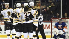 Hokejisté Bostonu se radují poté, co pekonali gólmana Jaroslava Haláka z New...