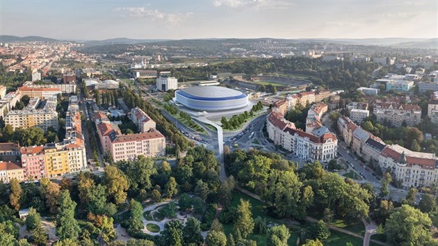 Studie novho hokejovho stadionu za Lunkami projektantsk firmy A PLUS. Vizualizace je zasazen do skuten fotografie pozen dronem.