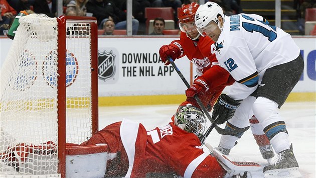 Jakub Kindl z Detroitu ve spoluprci s brankem Jimmym Howardem has anci Patricka Marleaua ze San Jose.