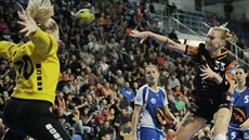 Mostecká házenkářka Petra Růčková střílí na brankářku Margaritu Kušnyrovovou z... Mostecká házenkářka Petra Růčková střílí na brankářku Margaritu Kušnyrovovou z...