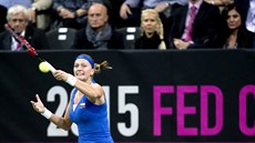 Petra Kvitová bojuje ve finále Fed Cupu proti Anastasiji Pavljuenkovové z...
