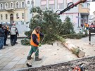 První pokus o usazení smrku nevyel. Strom se vyvlékl z lana a spadl na silnici.