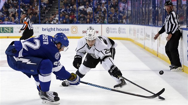 Andrej ustr z Tampy Bay a Dustin Brown z Los Angeles se natahuj po puku.