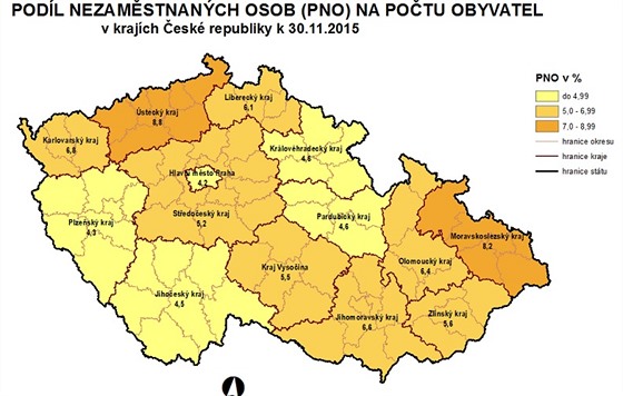 Mapa nezamstnanosti podle kraj, listopad 2015