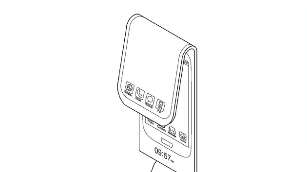 Flexibiln smartphone by mohl mt i podobu jakhosi klipu za opasek. Zajmavost tohoto nkresu je ikonka Apple iPod.