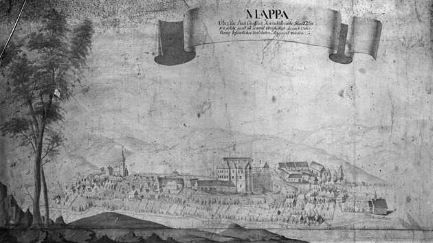Veduta Zlna zposledn tvrtiny 18. stolet na map Johanna von Gruenberga. Dochoval se pouze sklenn diapozitiv.
