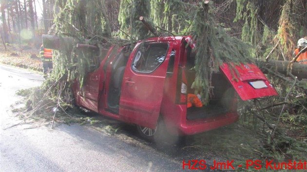 Spadl strom auto zdemoloval, zrannou idiku museli vyprostit hasii (1. 12 .2015).