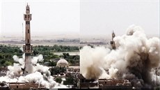 Islamisté si vyfotili, jak nií minaret památky v Tal´Afaru. (4. prosince 2015)
