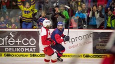 David Kuchejda z Budějovic (vpravo) slaví trefu do sítě Slavie, vlevo je... David Kuchejda z Budějovic (vpravo) slaví trefu do sítě Slavie, vlevo je...