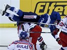 eský hokejista Jakub Jeábek zastavuje finského soupee Artturiho Lehkonena....