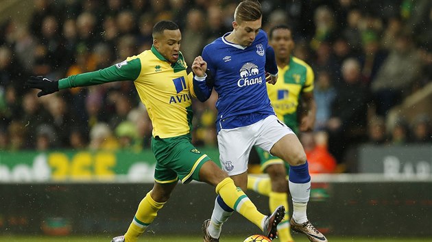 Lev obrnce Norwiche Martin Olsson (vlevo) se sna zastavit pronikajcho Geradrda Deulofeua z Evertonu.