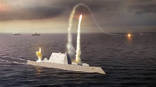 Raketov torpdoborec USS Zumwalt oima vtvarnka