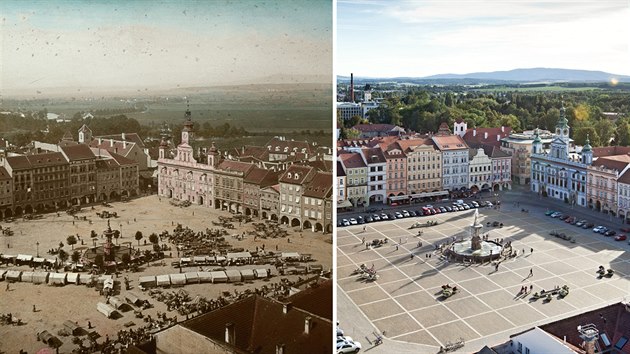 Nmst v eskch Budjovicch na snmku kolem roku 1890 a v souasn podob