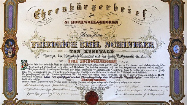 Diplom estnho obanstv Novho Jina pro Friedricha Emila Schindlera z Kunewaldu z roku 1860.