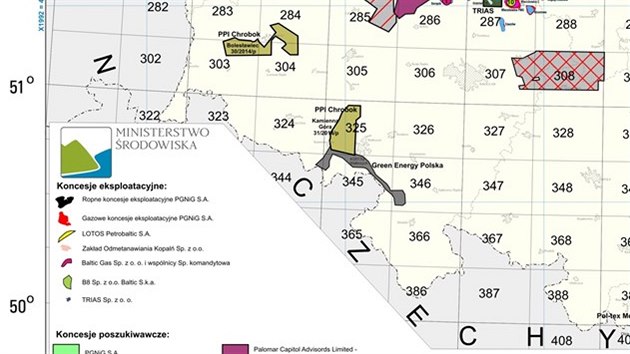 Mapa vyznačující území s povoleným průzkumem nerostných surovin.
