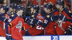 Jaromír Jágr z Floridy přijímá od spoluhráčů ze střídačky gratulaci ke svému... Jaromír Jágr z Floridy přijímá od spoluhráčů ze střídačky gratulaci ke svému...