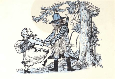 Krkonoské pohádky Amálie Kutinové ilustroval Jan Hladík. Kresba je z roku 1955.