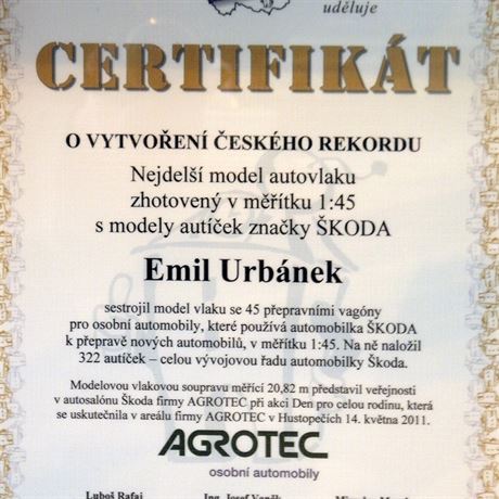 Certifikt dokldajc vytvoen eskho rekordu a existenci uniktn...