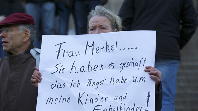 Pan Merkelov, doshla jste toho, e se bojm o sv dti a vnouata. Demonstrace Pegidy v Koln nad Rnem. (9. ledna 2016)