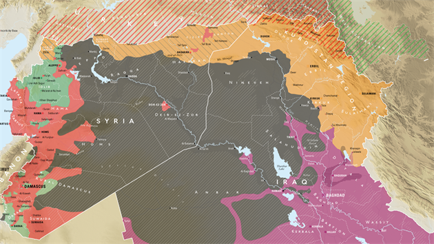 Situace na severu Irku podle specializovanho twitterovho tu @LCarabinier. Oranov jsou pozice Kurd, ern Islmsk stt (vetn msta Mosul), fialov zem ovldan centrln irckou vldou v Bagddu.