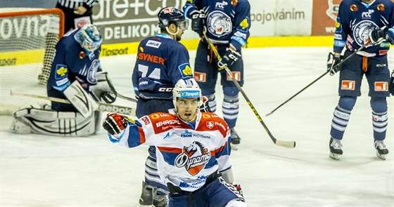 Pardubický hokejista Branislav Rapá se raduje z gólu v zápase s Libercem.