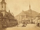 Námstí v Most, v pozadí Hnvín, kolem roku 1875. Fotografická vizitka od...