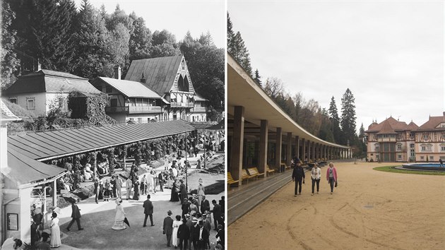 Luhaovice v roce 1910 a dnes. Aktuální snímek je poízen z mírn odliného...