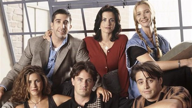 Jennifer Anistonov, David Schwimmer, Matthew Perry, Courteney Coxov, Lisa Kudrowov a Matt LeBlanc v serilu Ptel (1994)