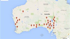 Rozsah kamerové sít Desert Fireball Network v Austrálii