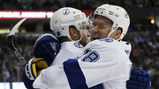 Steven Stamkos (vlevo) a Ondřej Palát z Tampa Bay se radují z gólu. Steven Stamkos (vlevo) a Ondřej Palát z Tampa Bay se radují z gólu.