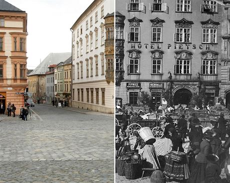 Hauenschildv palác na olomouckém Dolním námstí na aktuálním snímku a kolem roku 1890