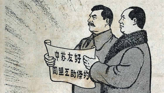 Josif Stalin a Mao Ce-tung na kresb z roku 1950.
