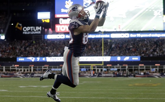 Danny Amendola z New England Patriots chytá pihrávku na touchdown.