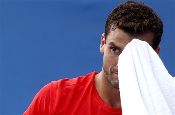 DINA. Grigor Dimitrov si otírá pot bhem zápasu 2. kola Australian Open.