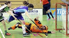 Tereza Holubová, brankářka florbalistek FBC Ostrava, se marně natahuje po... Tereza Holubová, brankářka florbalistek FBC Ostrava, se marně natahuje po...