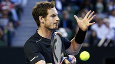 Andy Murray se soustedí na forhendový úder ve finále Australian Open.