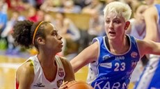 Pamela-Therese Effangová (vlevo) z Hradce Králové vyhlíží střelu, brání ji... Pamela-Therese Effangová (vlevo) z Hradce Králové vyhlíží střelu, brání ji...