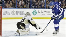 Ondřej Palát z Tampy Bay si jede pro gól, brankář Pittsburghu Marc-Andre... Ondřej Palát z Tampy Bay si jede pro gól, brankář Pittsburghu Marc-Andre...