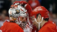Petr Mrázek (vlevo) a Pavel Dacjuk slaví výhru Detroitu. Petr Mrázek (vlevo) a Pavel Dacjuk slaví výhru Detroitu.