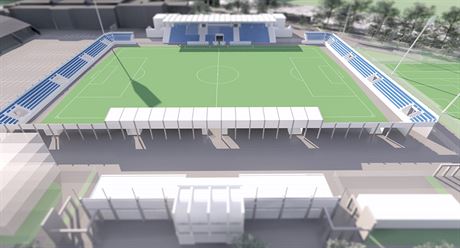Vizualizace budoucí podoby fotbalového stadionu v Pardubicích. Výhodný úvr by mohl stavbu urychlit.   