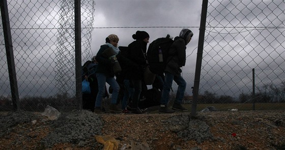 Benci u vesnice Tabanovce na makedonsko-srbské hranici (10. února 2016)