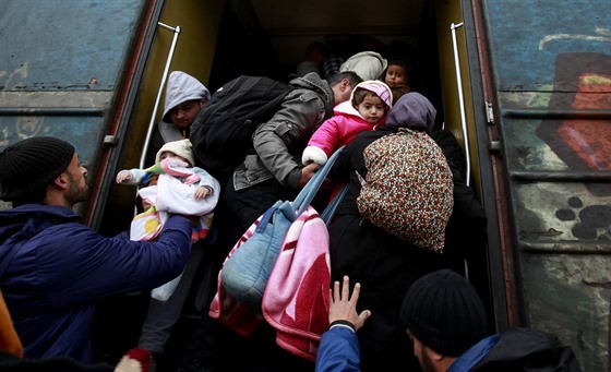 Uprchlíci nastupují do vlaku v Srbsku (14. února 2016)