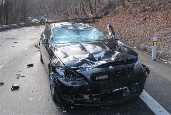 Auto, na které spadl strom na silnici v Buchlovských horách.